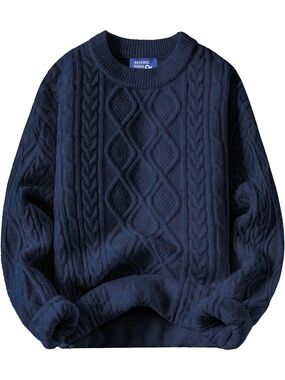 Women's Dark Blue Crewneck Pullover Long Sleeve Vintage Cable Oversized Sweater